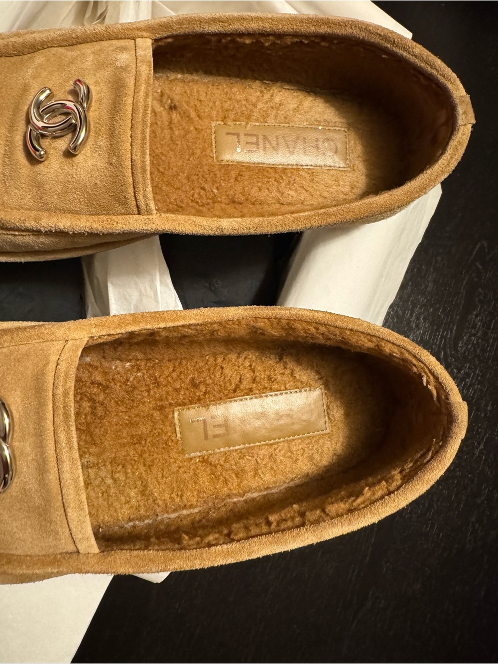 CHANEL Tan Suede Shearling-Lined Slip-On Loafers with CC Hardware - Picture 2 of 11
